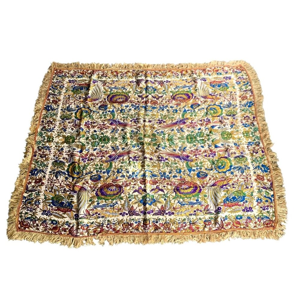 Elegant Floral & Bird Embroidered Tapestry With Fringe Machine Embroidered